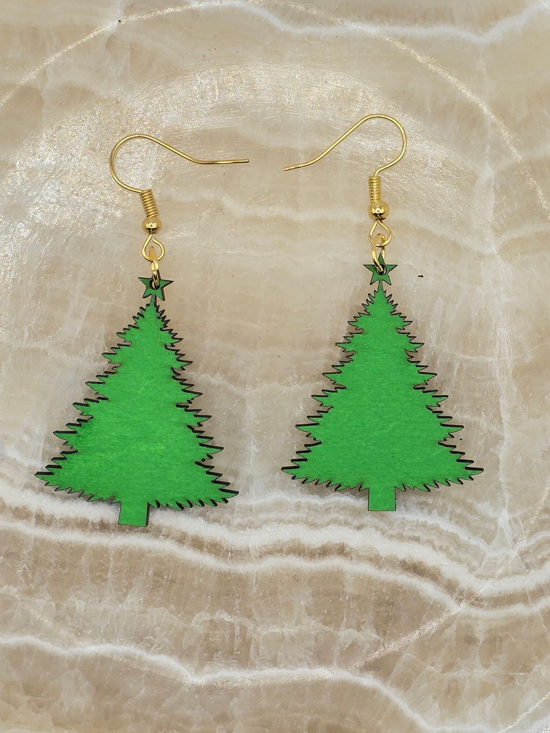 Green Christmas Tree Earrings – Hand-Colored Wood, 2&quot; Holiday Drop