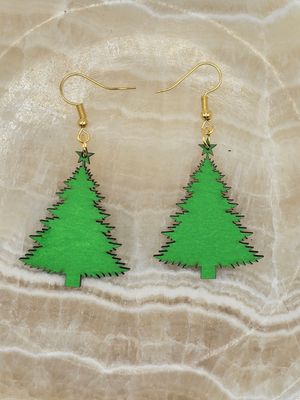 Green Christmas Tree Earrings – Hand-Colored Wood, 2&quot; Holiday Drop