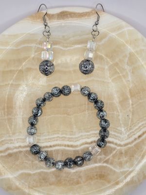 Iridescent Bead Jewelry Set – Handmade Bracelet &amp; 2&quot; Drop Earrings