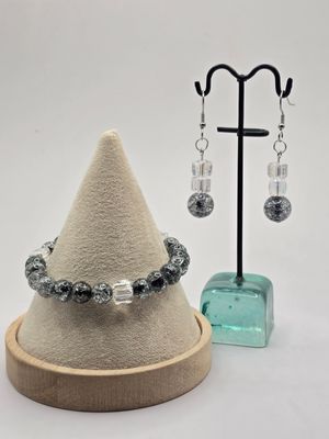 Iridescent Bead Jewelry Set – Handmade Bracelet &amp; 2" Drop Earrings