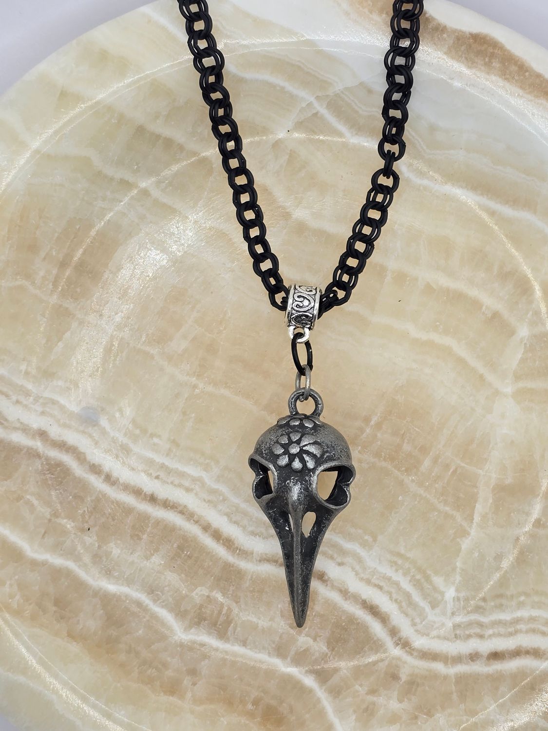 Raven’s Relic – Ornate Bird Skull Pendant Necklace