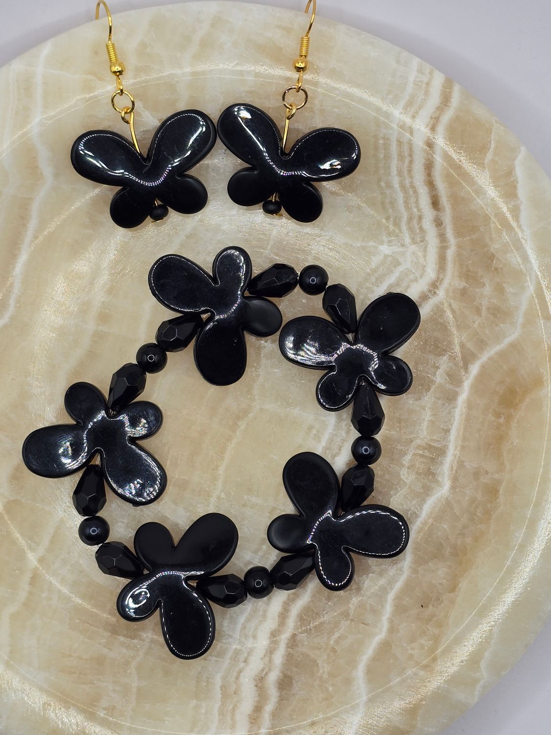 Midnight Flutter – Black Butterfly Bracelet &amp; Earrings Set
