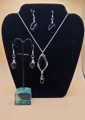 Black Stone Jewelry Trio – Necklace &amp; Two Earring Sets