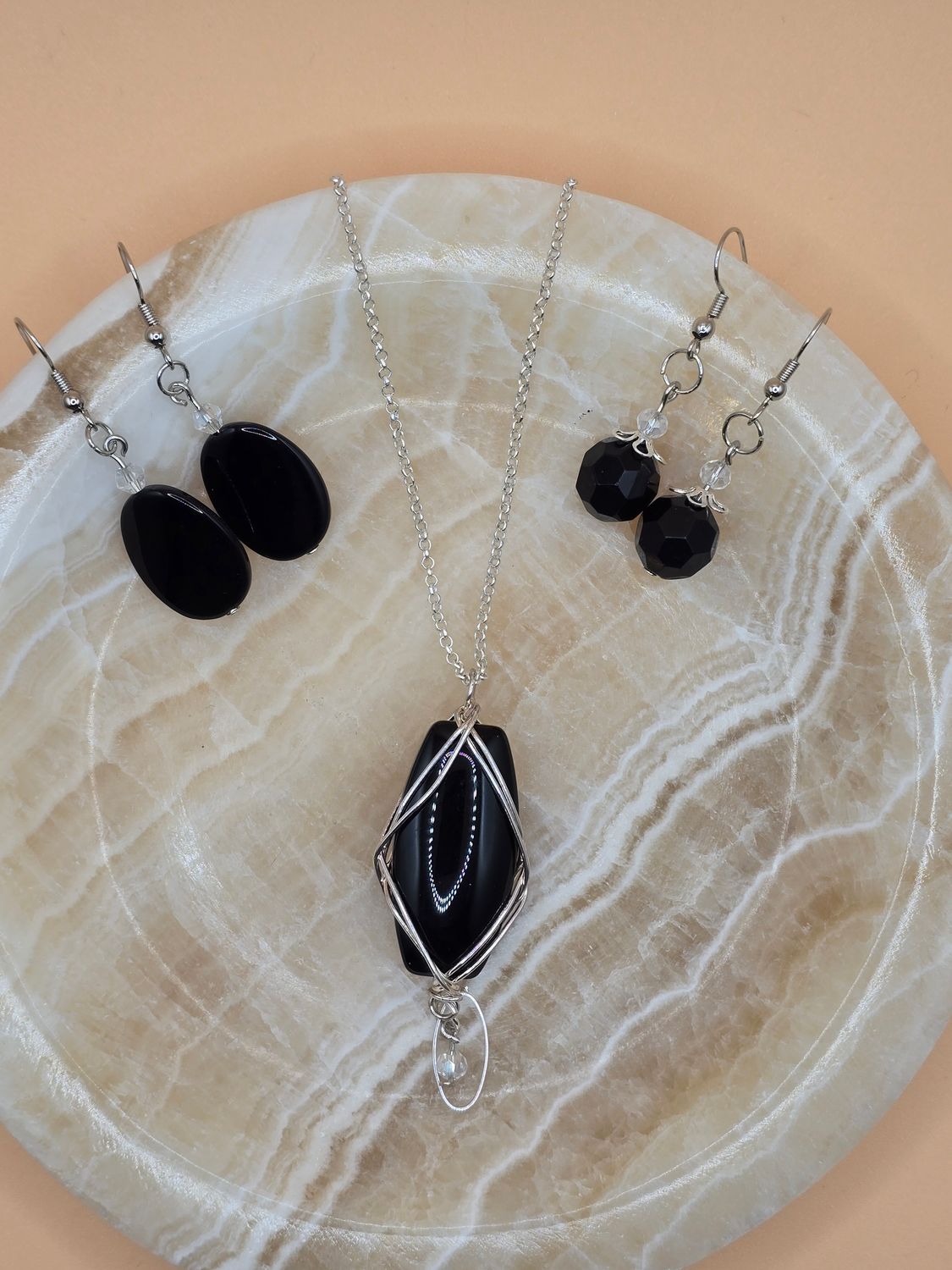 Black Stone Jewelry Trio – Necklace &amp; Two Earring Sets