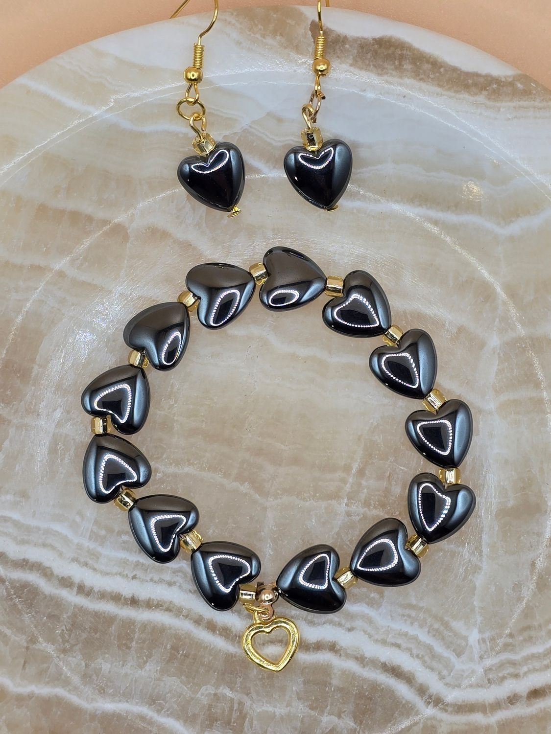 Golden Heart Hematite Set – Bracelet &amp; Earrings