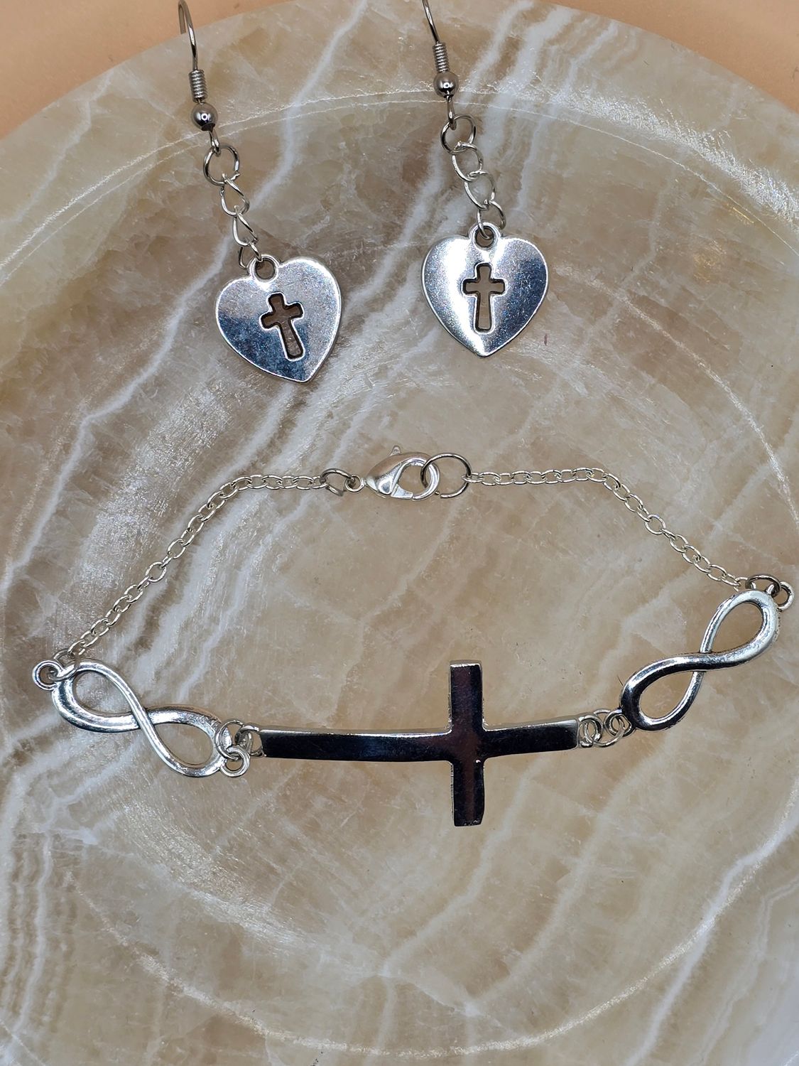 Infinity &amp; Cross Charm Bracelet with Silver Heart Open‑Cross Earrings