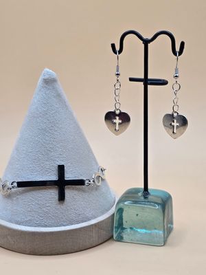Infinity &amp; Cross Charm Bracelet with Silver Heart Open‑Cross Earrings