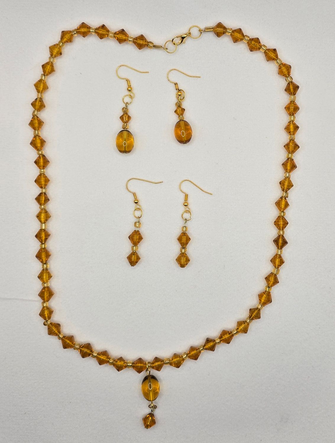 Golden Amber Crystal Necklace &amp; Earring Trio Set