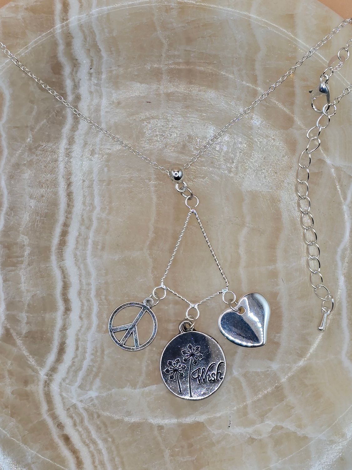 Silver Toned Wish, Heart &amp; Peace Charm Necklace