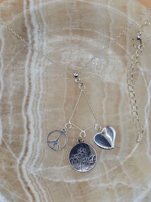 Silver Toned Wish, Heart &amp; Peace Charm Necklace