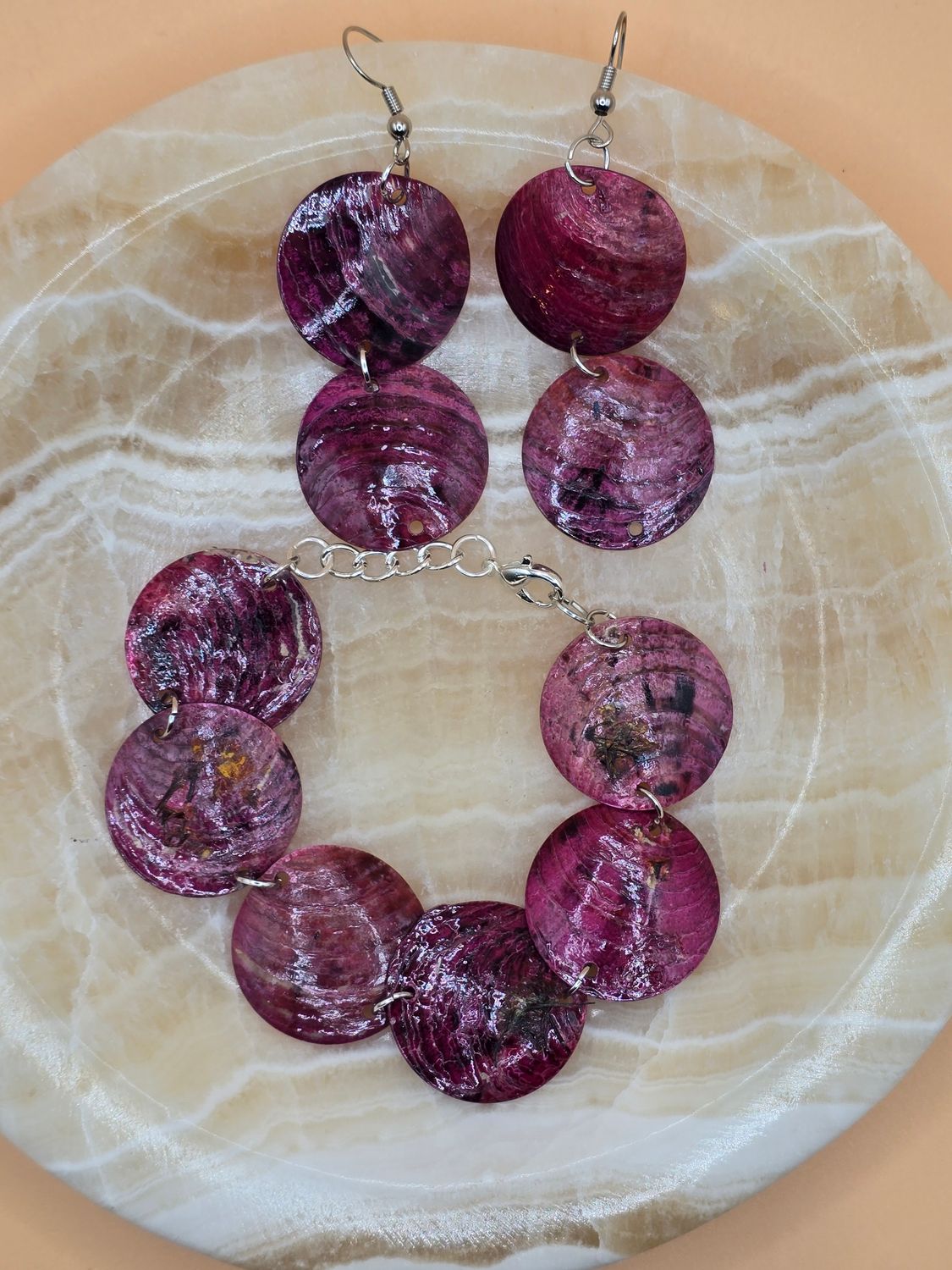 Marbled Plum Elegance – Bracelet &amp; Earrings Set