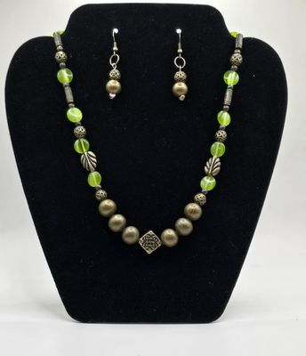 Earthly Elegance Antiqued Bronze and Lime Green Beaded Jewelry Set