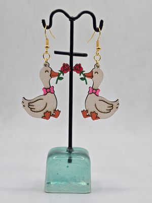 A Gander with a Gift – Rose-Toting Goose Earrings