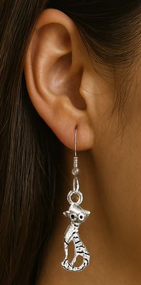 Whimsical Cat Earrings Silver Dangling Design with Stylized Sitting Cat Charm 2 Inches Long Graceful Dangle Abstract Charm