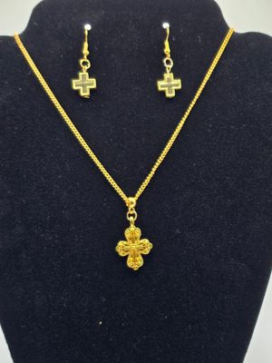 Golden Grace – Filigree Cross Necklace &amp; Dangle Earring Set