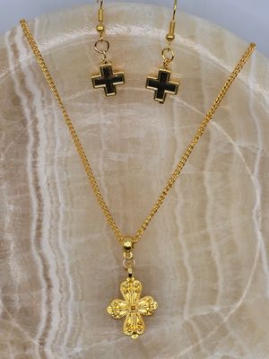 Golden Grace – Filigree Cross Necklace &amp; Dangle Earring Set