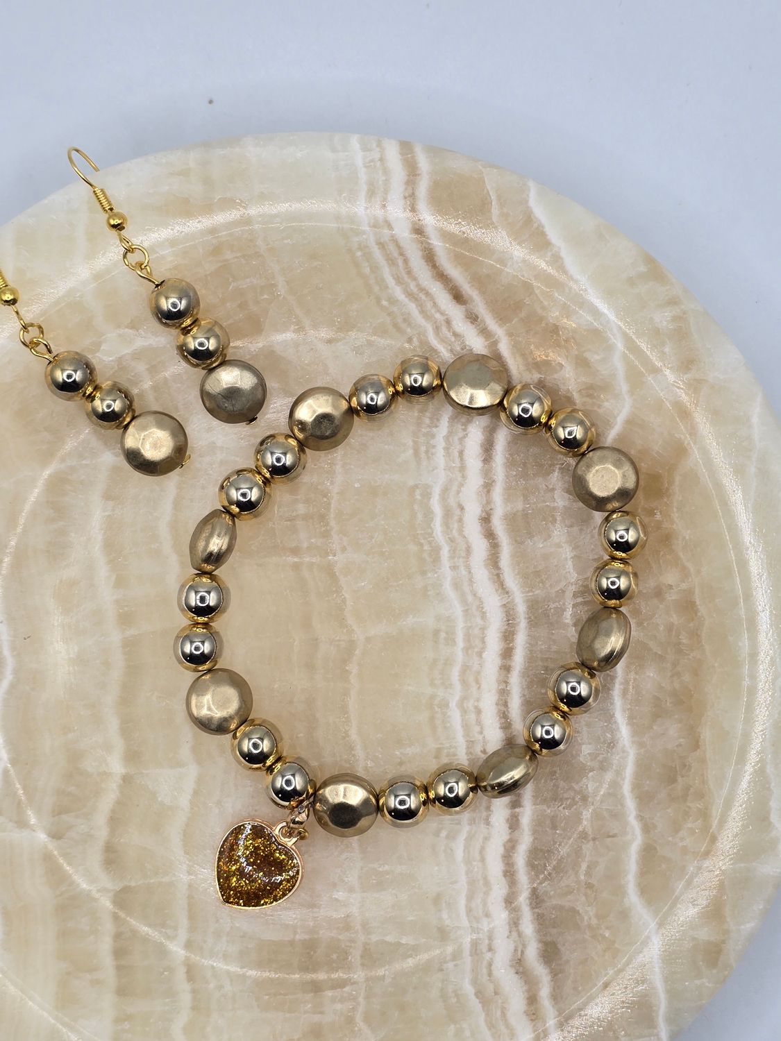 Golden Heartbeat – Beaded Bracelet &amp; 2 inch Earring Set