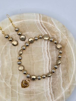 Golden Heartbeat – Beaded Bracelet &amp; 2 inch Earring Set