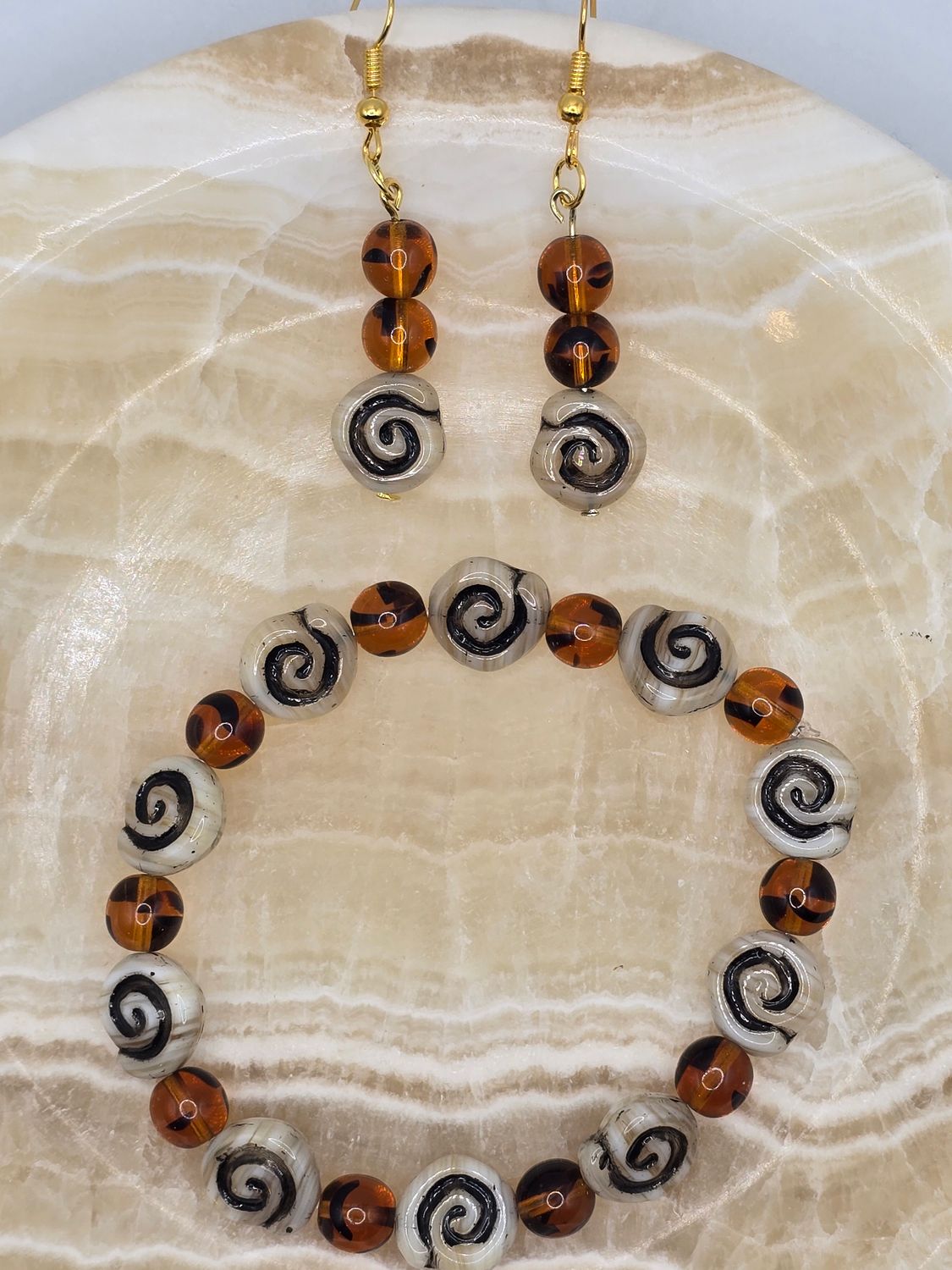 Amber Swirl Harmony – Glass Bead Bracelet &amp; Earring Set
