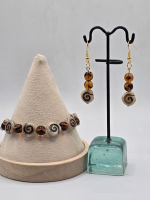 Amber Swirl Harmony – Glass Bead Bracelet &amp; Earring Set