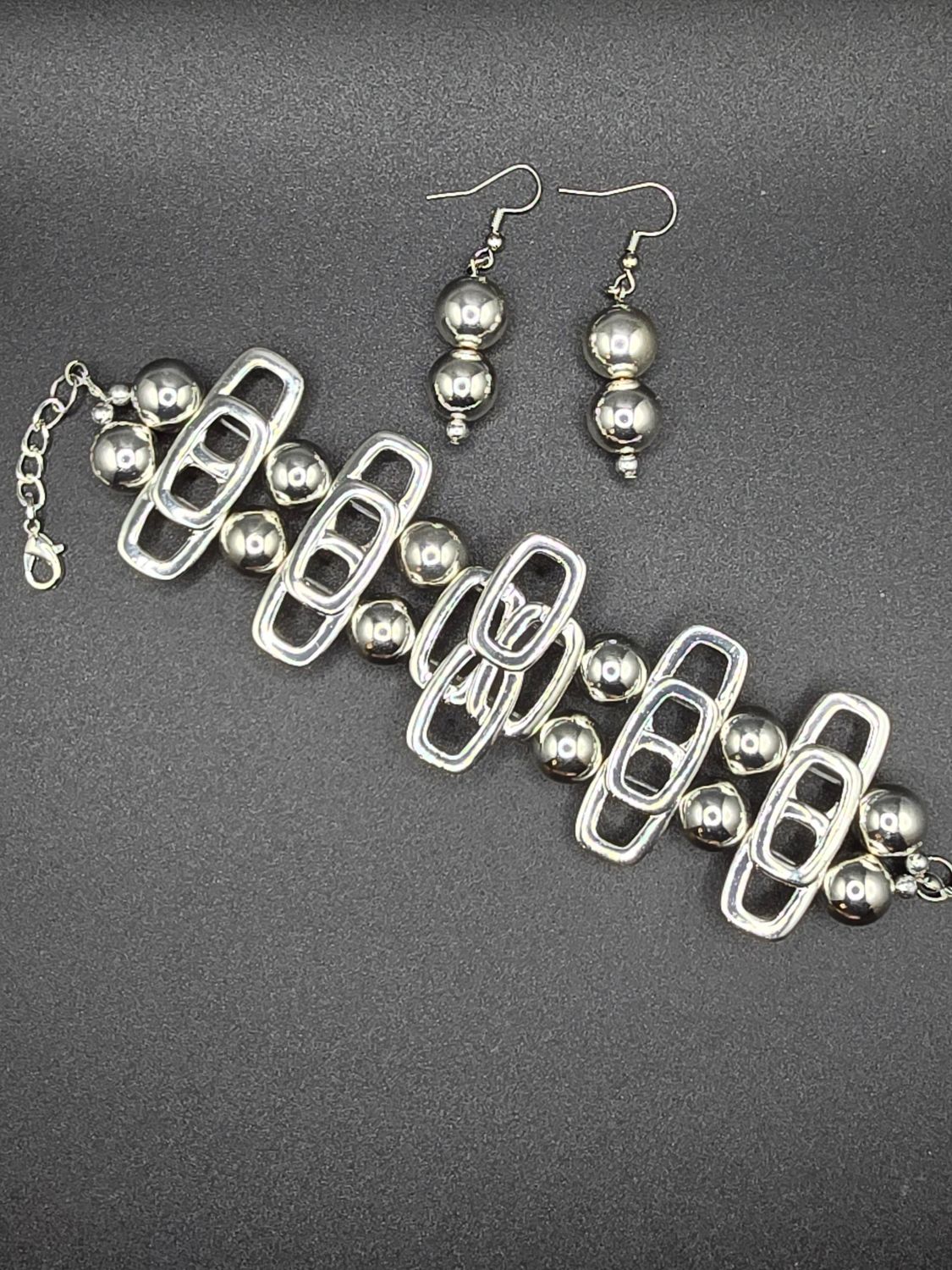 Silver Geometry – Bead &amp; Link Bracelet + 1.5” Earrings Set