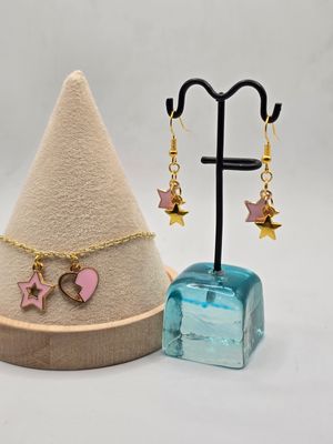 Sweet Stardust – Enamel Heart &amp; Star Charm Set (Bracelet + Earrings)