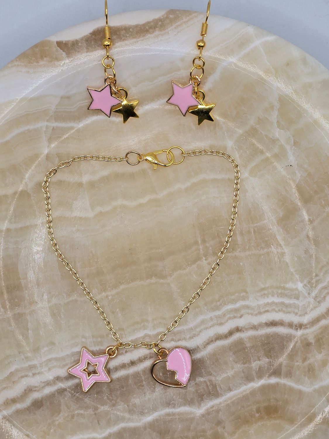 Sweet Stardust – Enamel Heart &amp; Star Charm Set (Bracelet + Earrings)