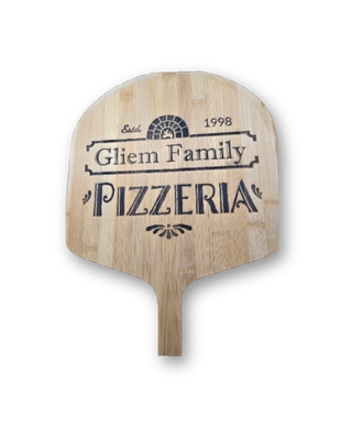 Personalized Bamboo Pizza Peel – “Pizzeria” Design with Custom Name, Date &amp; Built-In Cutting Guide