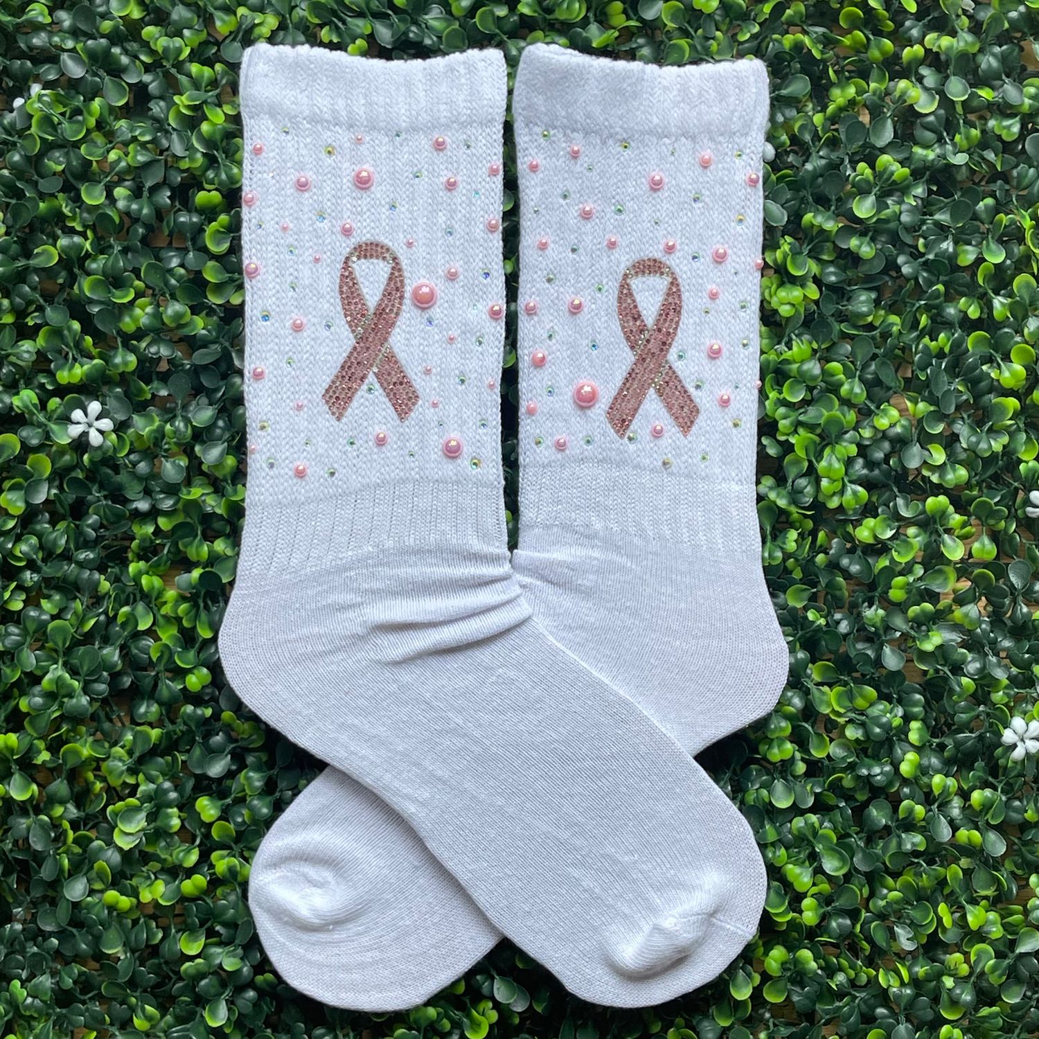 Bling Breast Cancer Ribbon Slouch Socks (WHITE)