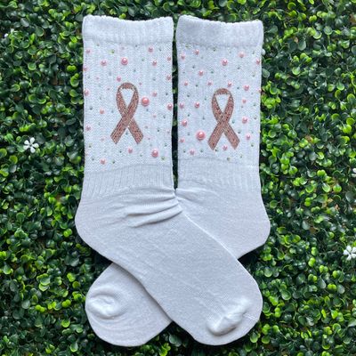 Bling Breast Cancer Ribbon Slouch Socks (WHITE)