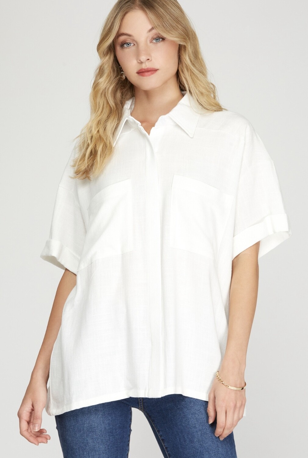 White Linen Button Top