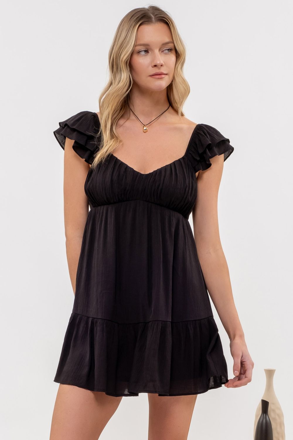 Black Ruched Ruffle Dress