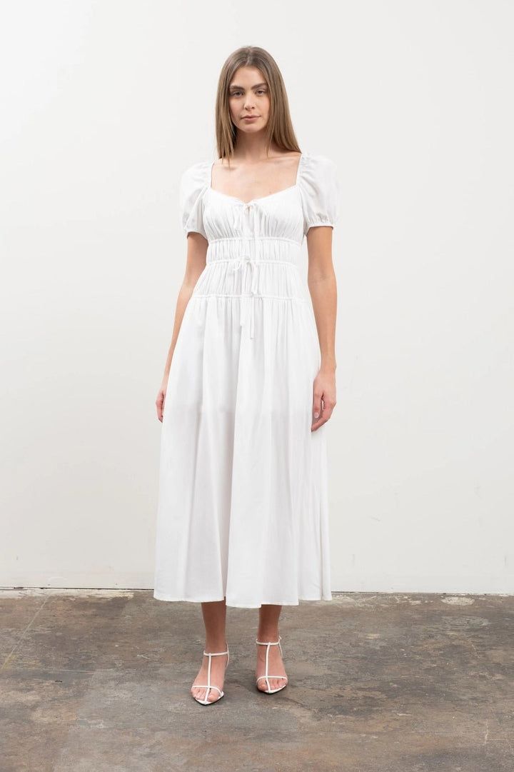 Puff Sleeve Tiered Shirred Midi Dress White