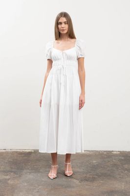 Puff Sleeve Tiered Shirred Midi Dress White