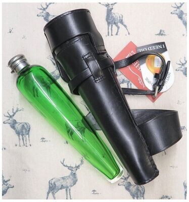 Large Emerald Green Conical Glass Flask in Black Leather Case