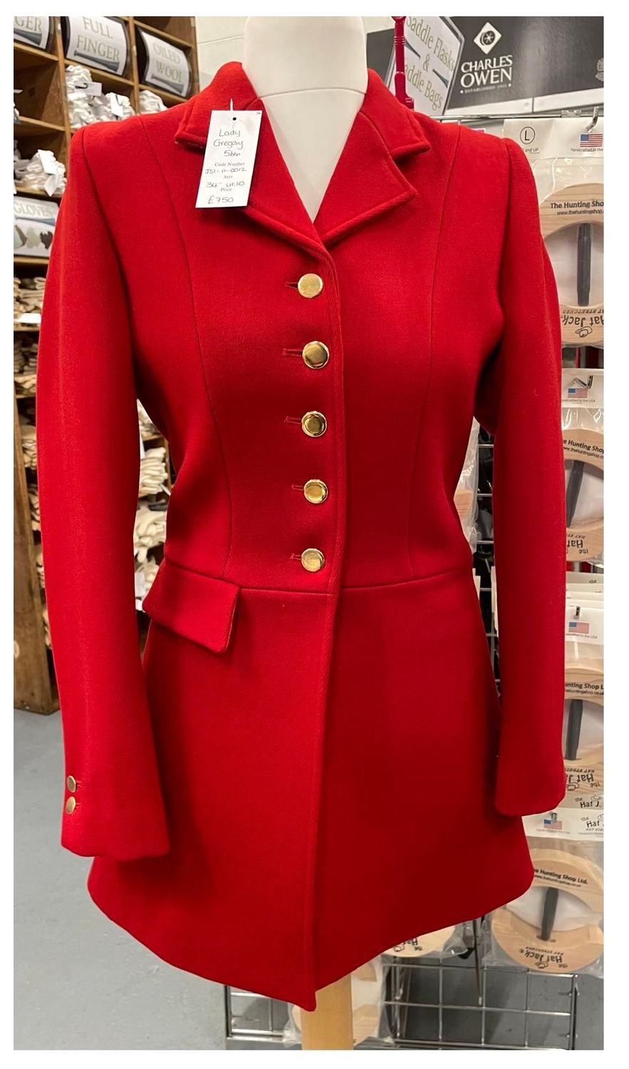 Ladies 36" Lady Gregory, Scarlet 5 Button Hunt Coat