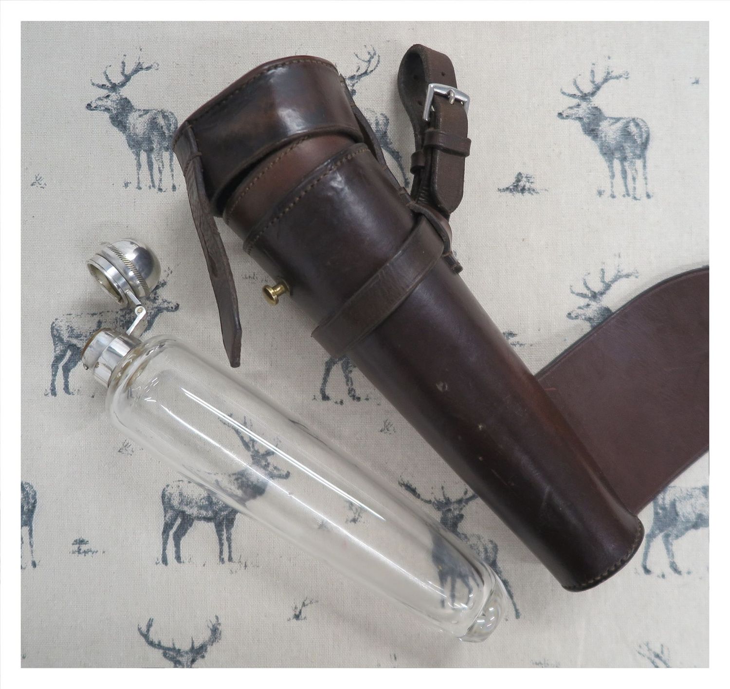 Glass Saddle Flask in Brown Leather Case