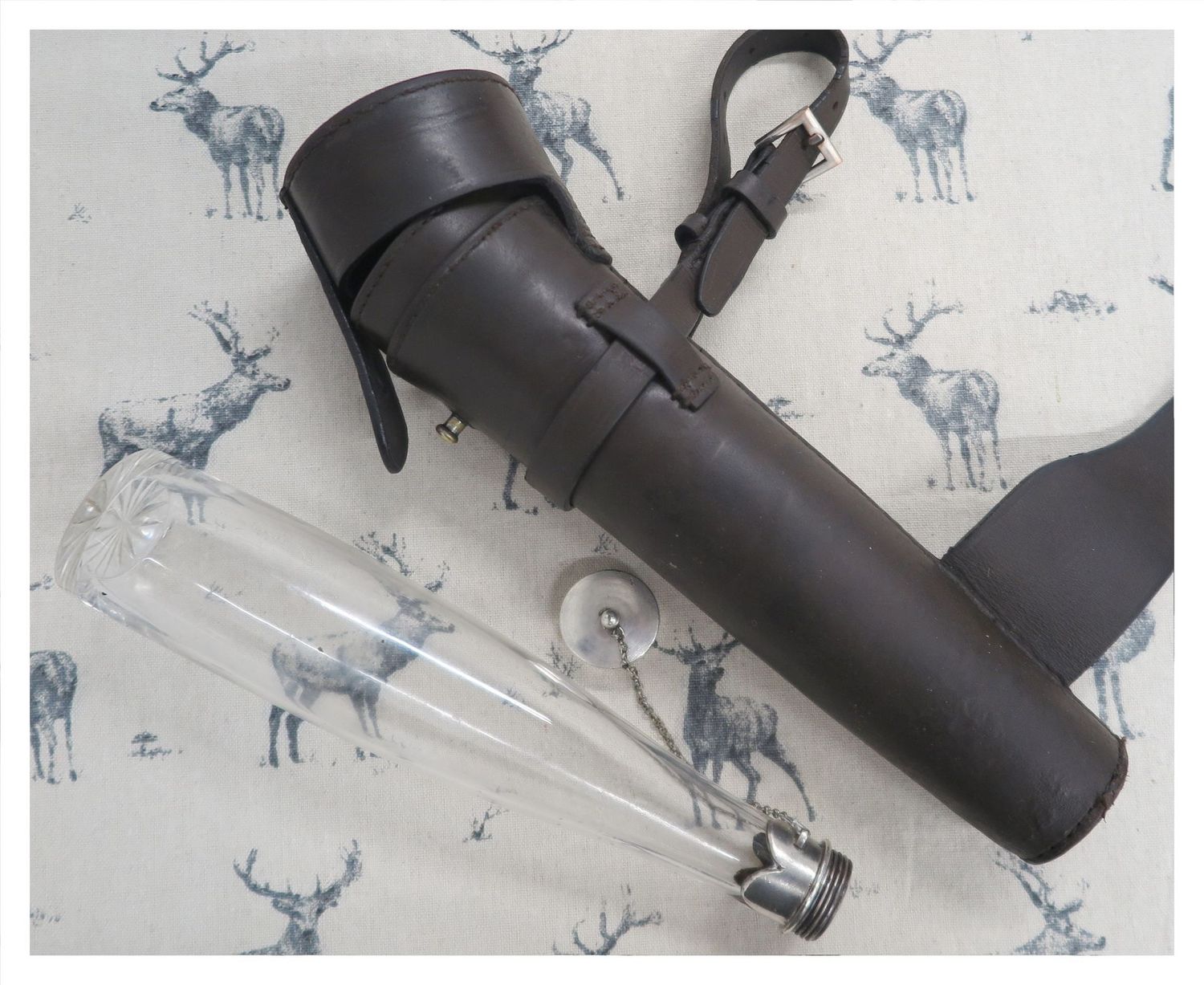 Unusual Glass Saddle Flask in Brown Leather Case