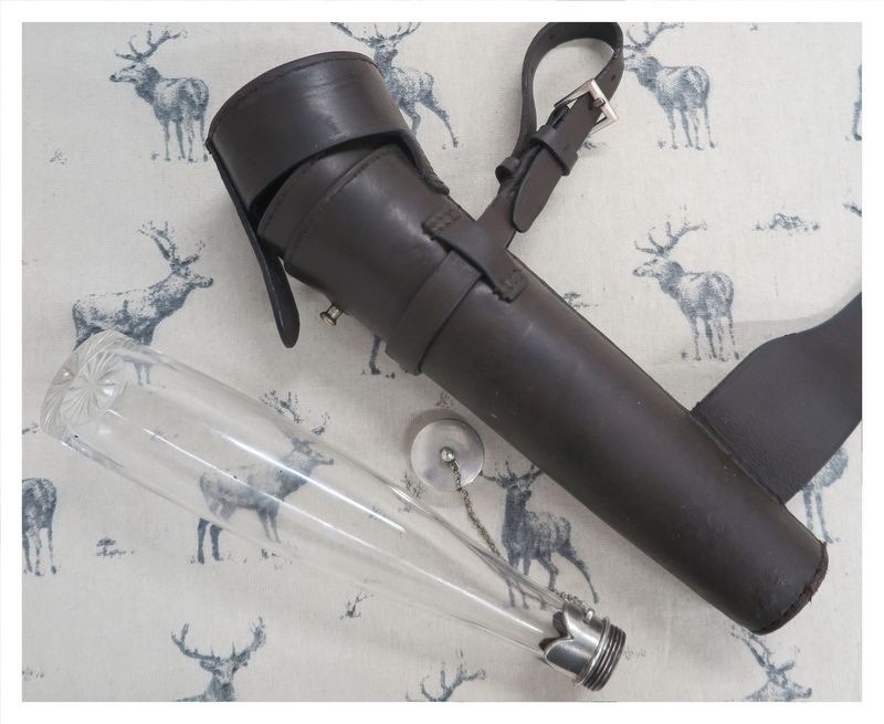 Unusual Glass Saddle Flask in Brown Leather Case