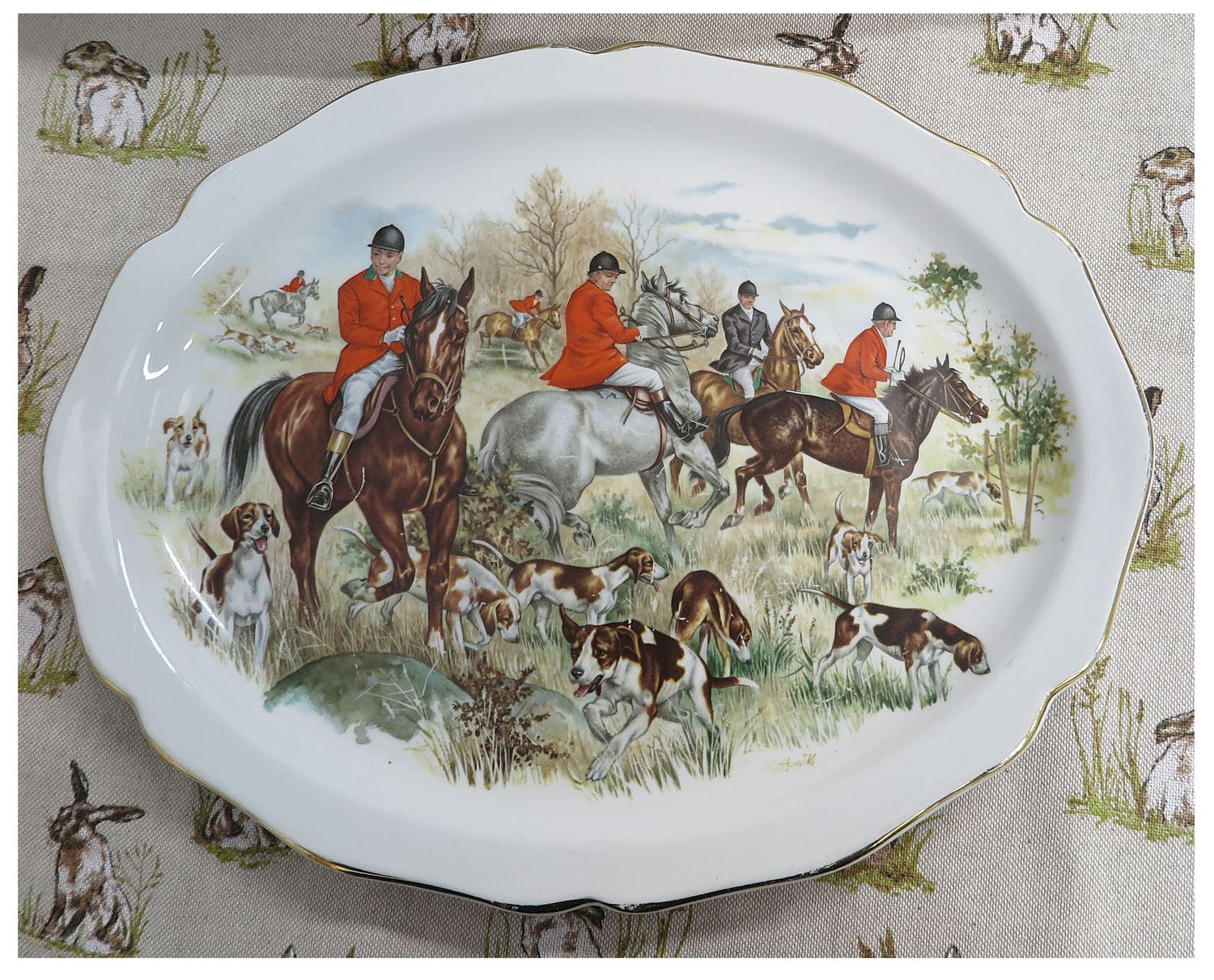 Oval Hunting Scene Platter with Gilt Edging