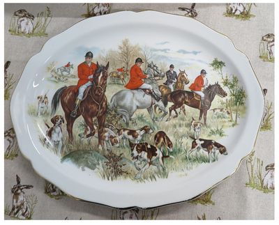 Oval Hunting Scene Platter with Gilt Edging