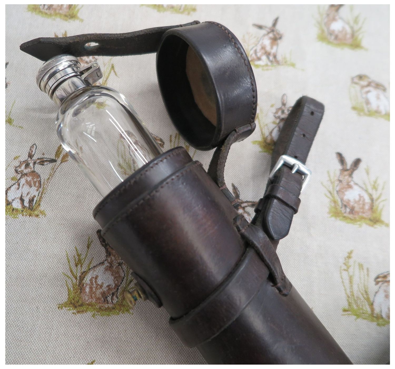 Glass Saddle Flask in Brown Leather Case