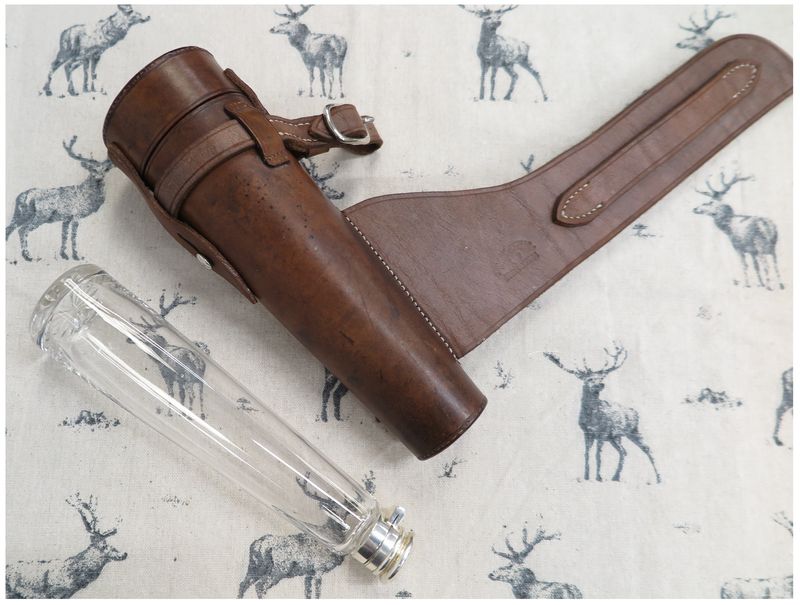 John Yates & Sons, Glass Saddle Flask in Brown Leather Case John Yates & Sons, Glass Saddle Flask in Brown Leather Case