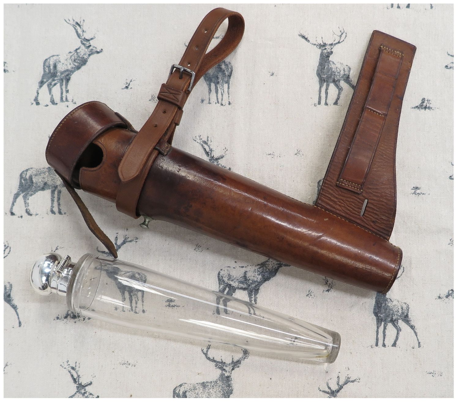 Glass Saddle Flask in Brown Leather Case