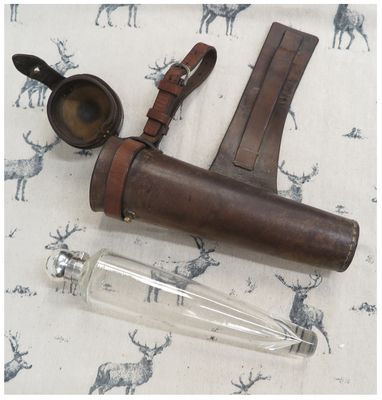 Brockwell & Co, 1893 Glass Saddle Flask in Brown Leather Case