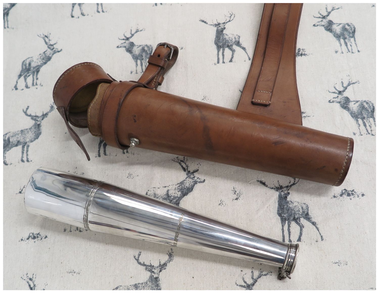 Victorian Flask with Stirrup Cup in a Brown Leather Case