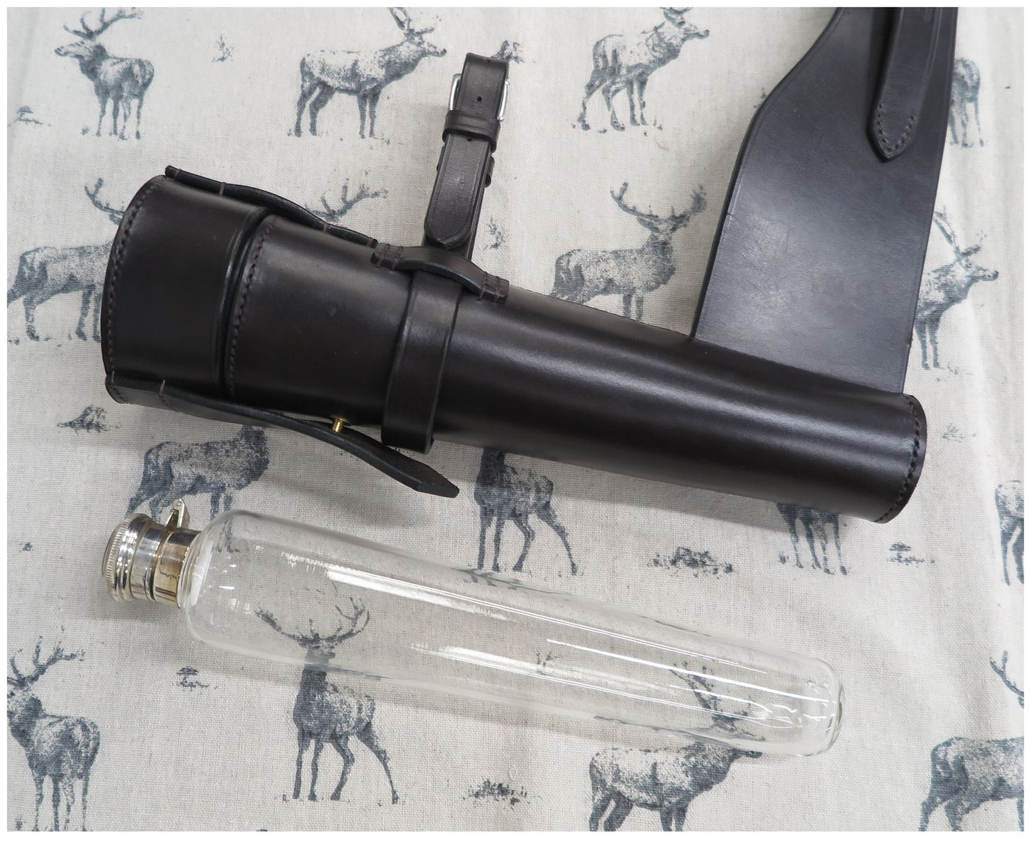 Glass Saddle Flask in Jeffries, Brown Leather Case