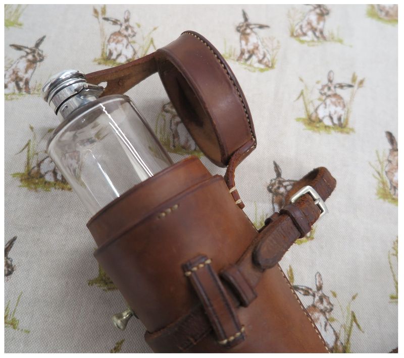 James Dixon Glass Saddle Flask in Brown Leather Case James Dixon Glass Saddle Flask in Brown Leather Case