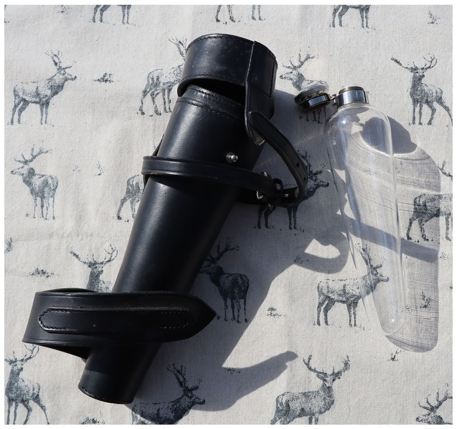 Glass Saddle Flask in Black Leather Case