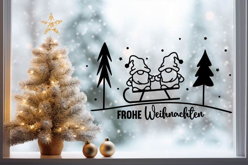 Fensteraufkleber Frohe Weihnachten Wichtel Schlitten